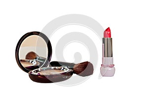 Make-up powder in box, professional brush and red lipstick isolated on white