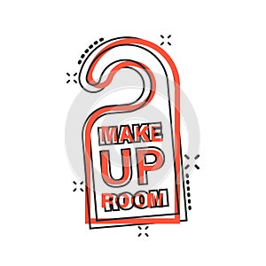 Make up room hotel sign icon in comic style. Inn cartoon vector illustration on white isolated background. Hostel clean splash