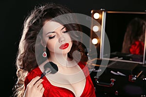 Make up rouge. Red lips. Fashion Beautiful woman with long wavy