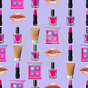 Make up seamless pattern. Beauty background with cosmetic products.