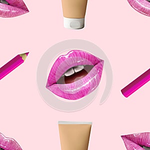 Make up seamless pattern. Beauty background with cosmetic products.