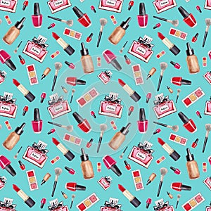 Make Up seamless pattern. Fashion. Glamor accessories. Watercolor pattern with  lipstick, perfume and nail polish on a blue