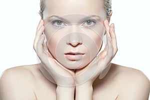 Make-up, spa & cosmetics. Beautiful woman model face with clean skin