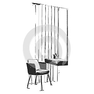 Make up. Vanity table and folding chair illustration. Interior sketch. Furniture