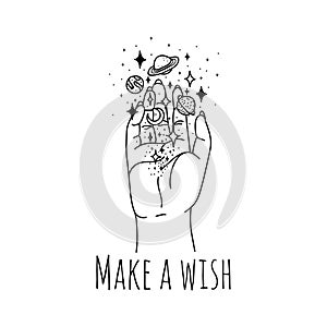 Make wish linear hand holding stars and planets