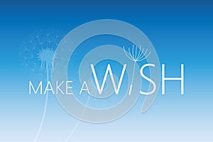 Make a wish typography with dandelion on blue background