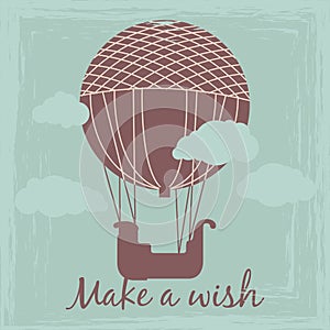 Make a wish vintage card vector template with hot air balloon silhouette