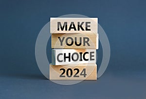 Make your choice 2024 symbol. Concept words Make your choice 2024 on beautiful wooden block. Beautiful grey table grey background