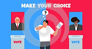 Make your choice. thinking man with question mark and voting ballot choose a candidate