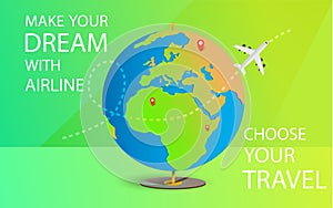 Make your dream with airline. Trip to World. Travel to World. Vacation. Road trip. Tourism. Travel banner. Open suitcase with