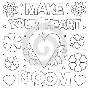 Make your heart bloom. Coloring page. Vector illustration of a heart and flowers.