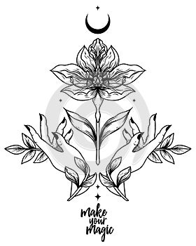 `Make your magic` poster with flower and female hands