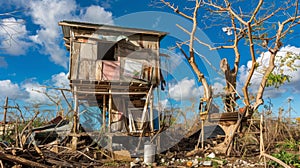 A makeshift shelter cobbled together from salvaged materials stands tall amidst a landscape of fallen buildings and