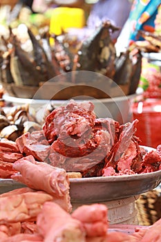 A makeshift stall of butchered meat at a street market in Accra, Ghana