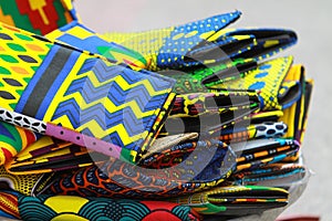 A makeshift stall kente cloth wallets at a street market in Accra, Ghana