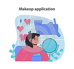 Makeup application tutorial. A cheerful woman engages with various cosmetics.