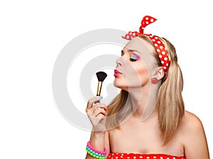 Makeup Applying closeup. Cosmetic Powder Brush.