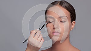 Makeup artist applies eye shadow.The concept of aesthetic cosmetology and makeup