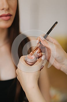 Makeup artist applies eye shadow, perfect evening makeup. Beauty redhead girl with perfect skin and freckles