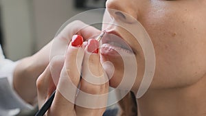 Makeup artist applies lipstick with gentle strokes using brush