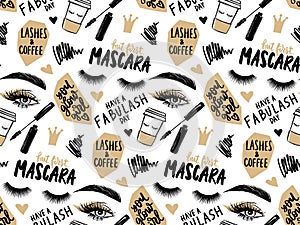 Makeup artist background. Seamless pattern with mascara, eyeshadow, eyes, brows and long black lashes, Paper coffee cup
