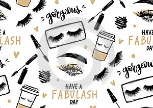 Makeup artist background. Seamless pattern with mascara, eyeshadow, eyes, brows and long black lashes, Paper coffee cup