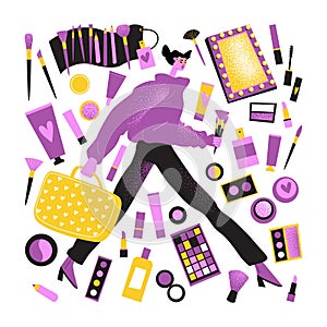 Makeup artist with brushes and suitcase, tools and cosmetics. Isolated character and objects