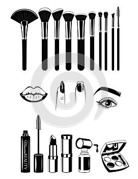 Makeup artist Brushs and tools. Lips, nails and eye. Vector illustration elements set on white