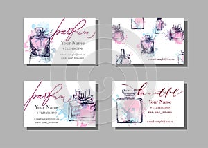 Makeup artist business card. Vector template with Beautiful perfume bottle . Fashion and beauty background.