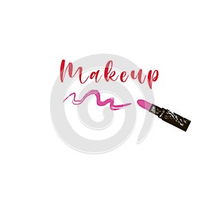 Makeup artist business card. Vector template with makeup items pattern - Smears purple lipstick.