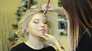 Makeup artist making a make up. Beautiful model girl indoors. Female portrait