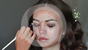 Makeup artist paints the eyelids of a girl model.