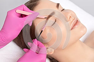 Makeup artist plucks eyebrows in a beauty salon. Professional makeup and cosmetology skin care