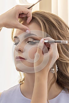 Makeup artist puts make up on girl model. wedding, evening makeup, natural makeup. make-up artist puts eye shadow on eyelids