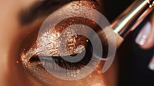 A makeup artist using a small precise brush to carefully apply a bold and glittery eyeshadow on the lid adding a touch