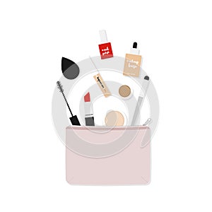 Makeup bag with beauty products. Makeup case with basic makeup. Vector illustration, flat design