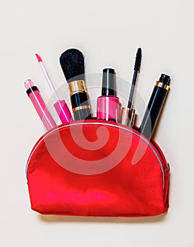 Makeup bag with cosmetic products