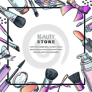 Makeup banner, poster or label design template.Sketch illustration of facial cosmetic. Beauty shop background