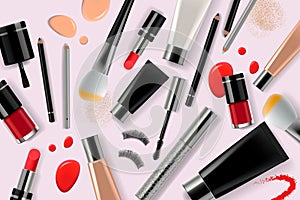 Makeup banner template for online beauty store. Poster design with beauty products and cosmetic. Online shopping. Vector
