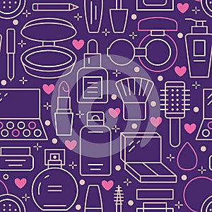 Makeup beauty care purple pink seamless pattern with flat line icons. Cosmetics illustrations of lipstick, mascara