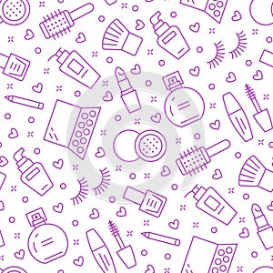 Makeup beauty care purple seamless pattern with flat line icons. Cosmetics illustrations of lipstick, mascara, perfume