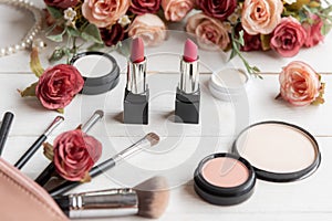 Makeup beauty cosmetic fashion set background. Cosmetics woman bag product facial, lipstick and items decorative composition flat