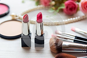 Makeup beauty cosmetic fashion set background. Cosmetics woman bag