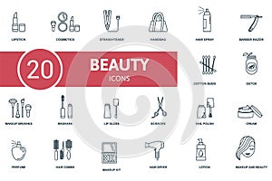 Makeup And Beauty icon set. Contains editable icons makeup and beauty theme such as cosmetics, handbag, barber razor and