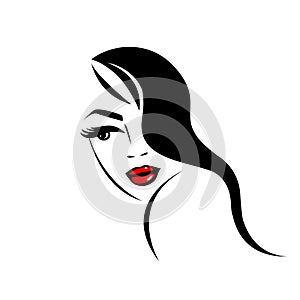Makeup, beauty salon logo. Bright red lipstick. Beautiful woman face.