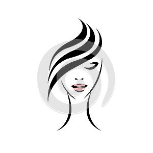 Makeup, beauty salon logo. Pink lipstick. Beautiful woman face.