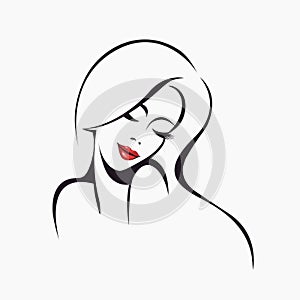 Makeup, beauty salon logo. Red lipstick. Beautiful woman face.