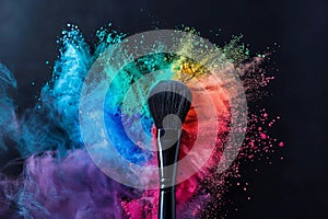 a makeup brush captured in motion with exploding colors