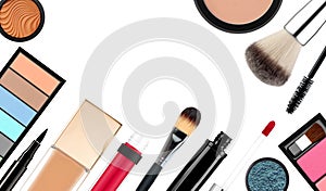 Makeup brush and cosmetics, on a white background isolated