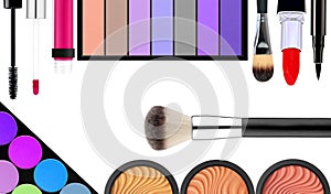 Makeup brush and cosmetics, on a white background isolated